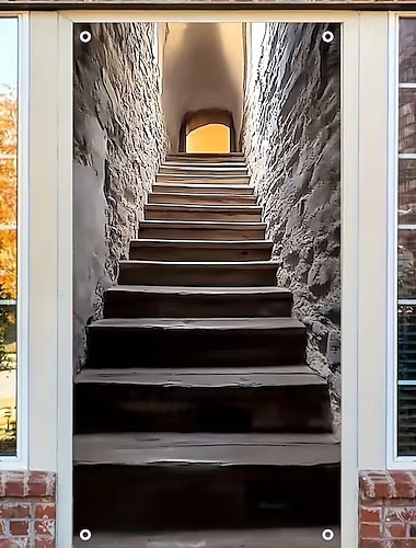  Rideau de porte à illusion d'optique 3D, impression 2D d'un escalier en pierre au design réaliste, pour une entrée pleine de charme.