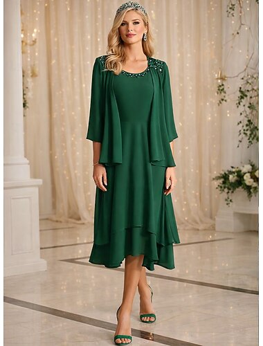  Dvoudílné K lýtkům Šaty pro svatební hosty Šaty pro matku nevěsty Poloviční rukáv Klenot Elegantní Vinobraní Formální Svatební host Šifón Sako šaty s Flitry Kaskádové řasení