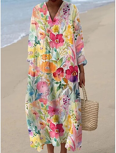  女性用 ミディドレス シフトドレス カジュアル 日常 お出かけ ルーズフィット フラワー グラフィック 長袖 Ｖネック ブルー イエロー ピンク 夏 春