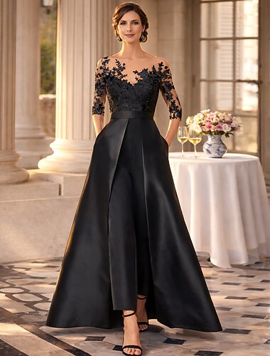  Jumpsuit / Pantsuit Gulvlengde Kjole til brudens mor 3/4 ermer Besmykket Elegant Fest Bryllupsgjest Bryllupsfest Sateng med Appliqué Ensfarget