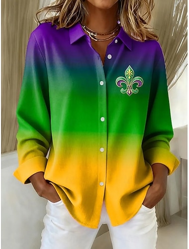  Carnaval Mardi gras Dames Overhemd Blouse Lapwerk Knop Afdrukken Ombre Grafisch Kleurenblok Vintage Stijlvol Casual Lange mouw Overhemdkraag Normale tops Dagelijks Wit Paars Zomer Lente Herfst Winter