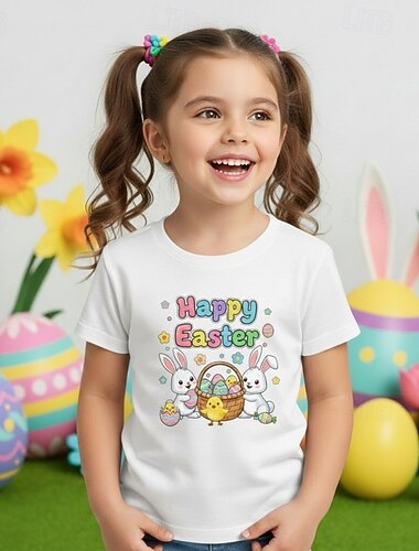  100% katoen Pasen Kinderen Voor meisjes blauw Zwart Wit Grafisch Konijn T-shirt Strakke ronde hals Korte mouw Dagelijks Buiten Actief Streetwear Casual Opdrukken Zomer Lente