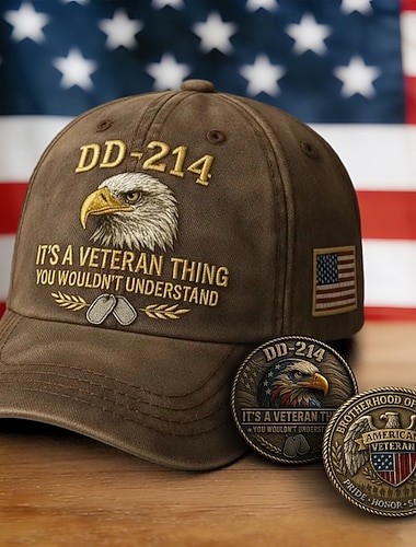  DD-214-Veteranenmütze für Herren mit 2 Gedenkmünzen, Baseballkappe mit Digitaldruck und Weißkopfseeadler-Motiv für Militärangehörige im Ruhestand, verstellbare Freizeitkappe mit dem Aufdruck „It's a