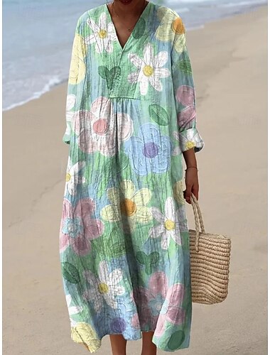  Dames Maxi-jurk Hemdjurk Vakantie Casual Uitgaan Ruim Passend Bloemig Grafisch Lange mouw V-hals blauw Blauw Wit Lichtgroen Koningsblauw Zomer Lente