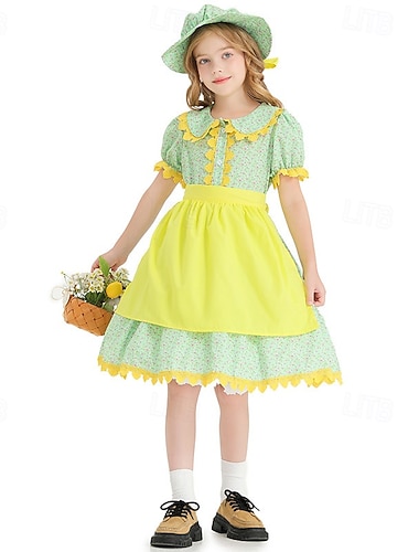  250 שנה לארה"ב המאה ה 19 שנות ה-1800 שמלת ערבה סט מצנפת וסינר שרוולים קצרים נערת חלוצה קולוניאלי חָלוּץ מלחמת העצמאות פרחוני תחפושות בנות האלווין (ליל כל הקדושים) קרנבל 4 ביולי בגדי ריקוד ילדים