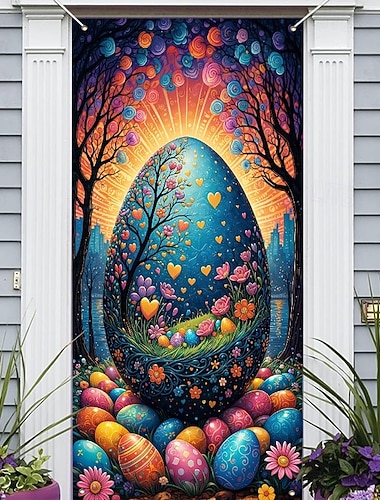  Copriporta a forma di uovo di coniglietto pasquale, magico uovo gigante vibrante con disegni a cuore e fantasia floreale, decorazione festiva primaverile per porta di Pasqua e decorazioni per esterni