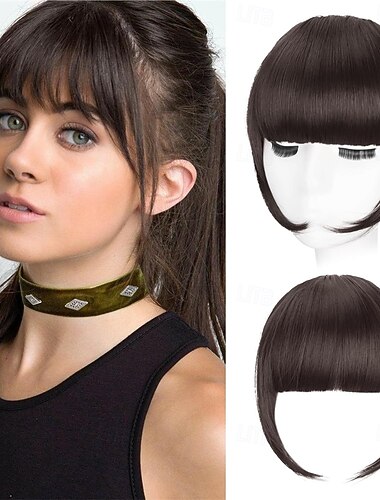  Clip-in-Pony, synthetischer französischer Pony, Haarspange, mittelbrauner Fake-Pony mit Schläfenpartie, Haarteile für Damen