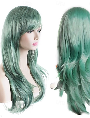  Perruques de mode de 28 pouces cheveux longs ondulés bouclés perruque cosplay (gris-vert)