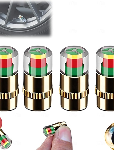  4 Stück Ventilkappen für Reifendruckkontrollsysteme, 2,4 bar (36 psi) Reifendrucksensor mit 3-farbiger Warnleuchte, universelle Ventilkappen für Pkw