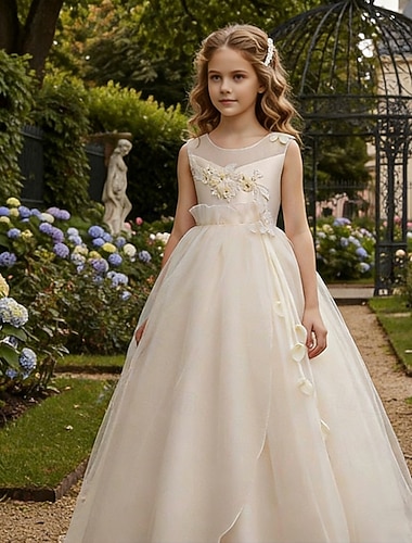  Vestido para Meninas das Flores Para Meninas Vestido formal Traje de casamento Festa Casamento Formal Elegante Moda Doce Vestido de Primeira Comunhão Renda Com Transparência Floral Sem Manga Gola