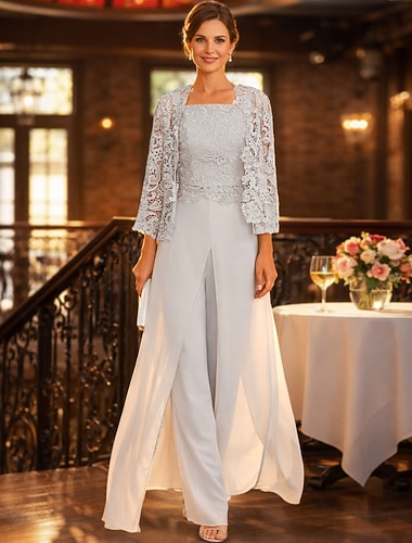 Combinaison Tailleur-Pantalon Longueur au sol Robe de Mère de Mariée  Sans manches Col carré Élégant Echarpe incluse Formel robe demoiselle d honneur Fête de mariage Chiffon Dentelle Echarpe incluse