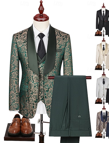  Herren Smokings Partyanzüge Hochzeit Weihnachten Schwarz Weiß Frühling Anzug Schalkragen Formell Jacquard Blumenmuster Schmale Passform 3-teilig Einreiher - 1 Knopf
