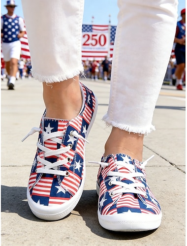  USAs 250-årsjubileum Kvinners rød blå 250 patriotiske snøresneakers – stjerne- og stripemønster uformelle sko uavhengighetsdagparade nasjonale feiringer gåing og gatekultur