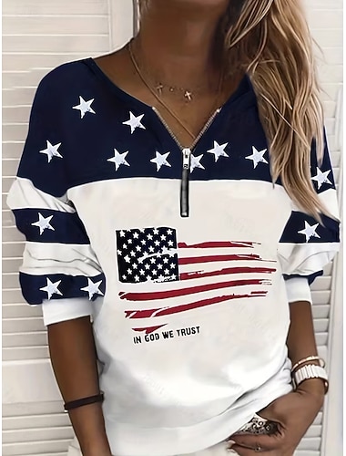  Onafhankelijkheidsdag Patriottische Dames Pullover Sweatshirt Zip Up Sweatshirts Grafisch Gestreept Mode Casual Lange Mouwen Crew Nek Straat Dagelijks Zipper Print Blauw Rood Lente Herfst Winter