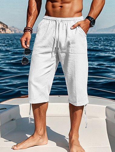  Homme Pantalons en Lin Pantalon capri Pantalon d'été Shorts de plage Cordon de serrage Taille Élastique Poche Avant Couleur Unie Uni Respirant Longueur mollet Quotidien Sortir Vacances Élégant Bleu