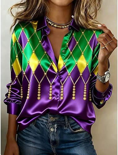  Mardi gras Dames Overhemd Grafisch Geometrisch Vintage Stijlvol Modern Lange mouw Overhemdkraag Normale tops Dagelijks Feestdagen Geel Licht Paars Paars Goud Groen Zomer Lente