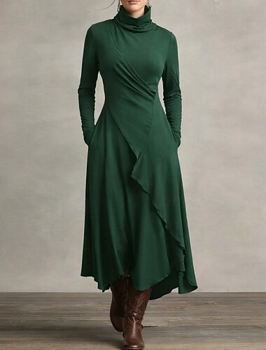  Dames Maxi-jurk Schede jurk Wikkeljurk T shirt jurk A lijn jurk Vakantie Feest Casual Dagelijks Kantoor Strand Normale pasvorm Effen Lange mouw Coltrui Zwart Koningsblauw Paars Groen Lente Herfst