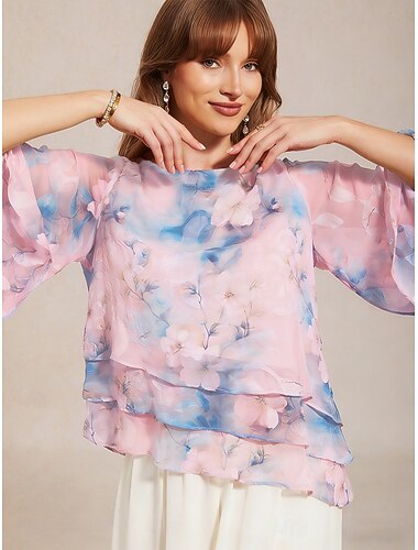  Dames Doorschijnende blouse Chiffon-topjes Meerlaags Bloemig Elegant Bel Strakke ronde hals Dagelijks Bruiloft gast Resortkleding Licht Blauw Zomer Lente Herfst