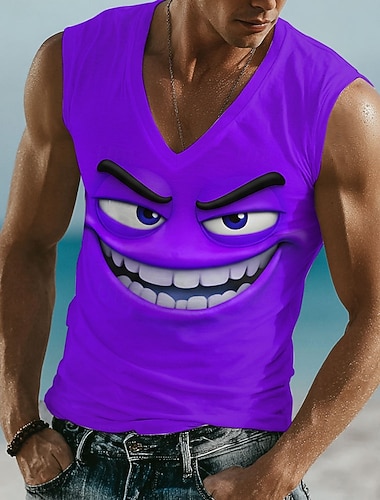  Herren 3D Zeichentrick Lustige Emotes T Shirt Ärmellos T-Shirt 3D-Druck V Ausschnitt Hemd Tropisch Outdoor Urlaub Hawaiianisch Blau Purpur Orange Sommer Frühling Bekleidung S M L XL XXL XXXL