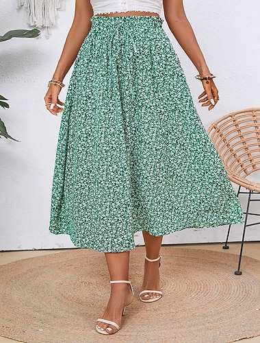  Damen Mode Lässig Midi Mittlere Hüfthöhe Röcke Blumenmuster Gerafft Kordelzug Mikroelastisch Täglich Straße Gelb Rote Grün Sommer Spandex Polyester