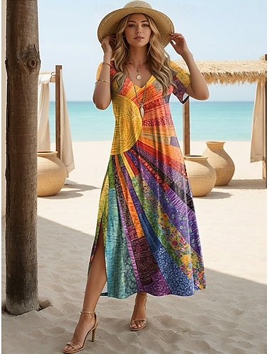  Dámské Midi šaty Áčkové šaty Na běžné nošení Denní Běžný Květinový Abstraktní Krátký rukáv Do V Černá Bílá Světle hnědá Oranžová Léto Jaro