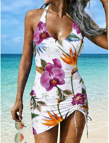  Dame Badetøy Tankini 2 stk Skjørt Badedrakt Snorer Halter Elegant Ferie Blomstret Øsehals Ermeløs Badedrakter