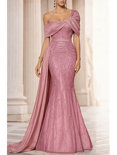  Sirena Tromba Lunghezza al pavimento Abito da ballo con mantello Abito da Sera Abito formale Elegante Scintillante Brillanti Senza Maniche Senza Spalle Matrimonio Formale Con Paillettes con Glitter