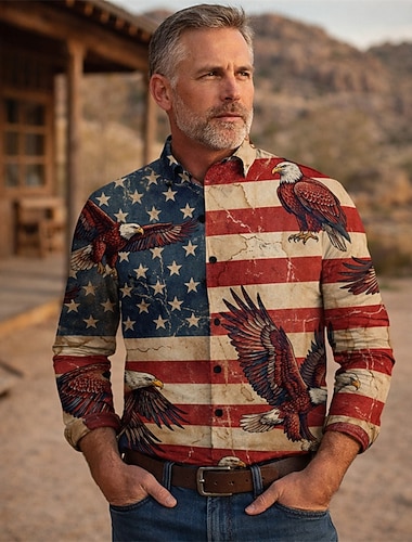  250-årsjubileum i USA Retro / vintage 1970erne قميص Aloha skjorte Lange Ermer Hippie Geometrisk Etnisk Kostyme Herre Maskerade 4. juli Avslappet Fest Uavhengighetsdagen Voksen Voksne Trøye Vår Alle