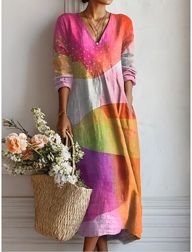  Abito Midi da Donna in Lino Similare Vestito A Fascia Vacanza Casual Boho Festività Vestibilità Larga Grafica Geometrica a Blocchi di Colore Maniche Lunghe Collo a V Blu Rosa Viola Arancione Estate
