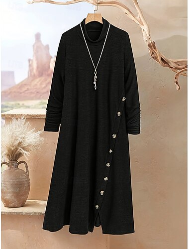  Damen Midikleid schwarzes kleid Freizeitkleid Elegant Mode Modern Outdoor Urlaub Ausgehen Lässiger Schnitt Einfach Langarm Stehkragen Schwarz Khaki Frühling Herbst