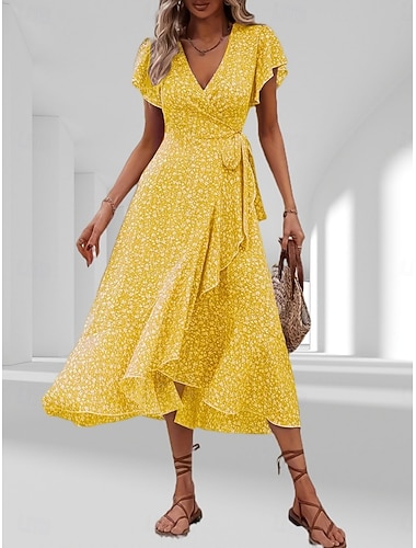  Femmes Robe Midi Robe Décontractée Robe Portefeuille Robe Fleurie Élégant Mode Moderne Extérieur Vacances Sortir Coupe régulière Fleuri Manche Courte Col en V Noir Jaune Rose Claire Rouge Ét