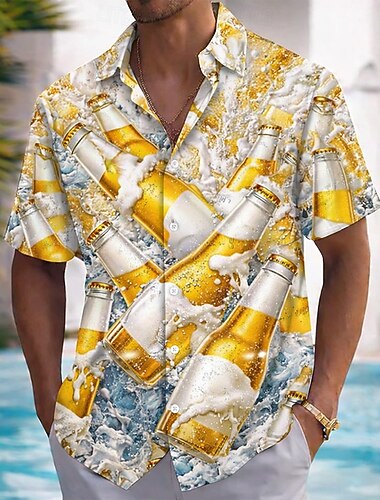 Homme Bière Boire Boisson Chemise hawaïenne Chemise Boutonnée Chemise Aloha Manche Courte Hawaïen Vacances Tenue de plage Été Printemps Col Rabattu Impression 3D chemises à col Bleu Jaune