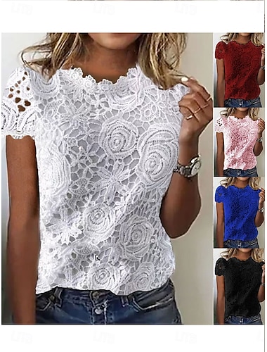  Damen Sommeroberteile Bluse Oberteil mit Ösen Spitzentops Gerafft Spitze Patchwork Einfach Elegant Vintage Damen Ärmellos Rundhalsausschnitt Normale Oberteile Täglich Arbeit Ferien Blau Schwarz Wei