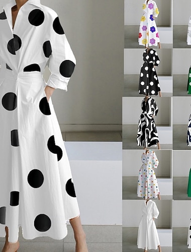  Dame Minikjole Skjortekjole Uformell kjole Kjole med A-linje Mote Moderne Daglig Feriereise Ut på byen Normal Polkadotter Bokstaver Langermet Skjortekrage Svart og Hvit Svart Hvit Navyblå Vår Høst