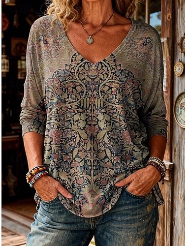  ウィメンズ ボヘミアン Tシャツ フローラル グラフィック プランツ ヴィンテージ スタイリッシュ カジュアル ロングスリーブ Vネック レギュラー トップス デイリー ウィークエンド プリント ブルー-ブラック レッド ブラウン サマー スプリング