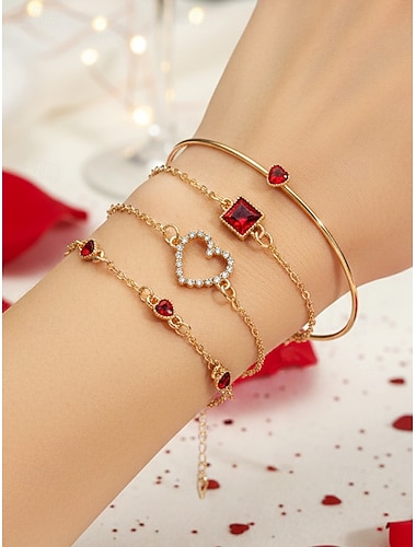  Lagdelt armbåndssett med hjerteformet sjarm til kvinner, flerfargede armbånd i legering med strass, elegante romantiske smykker for kvinner, perfekt for valentinsdagen, fritidsklær, stevnemøter og hverdagsantrekk