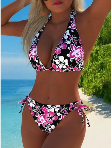  Femmes Maillots de Bain Bikini 2 pièces Coquin Maillot de bain Mince Dos nu Vacances Tenues de plage Fleuri Col Halter Sans manches Maillots de bain