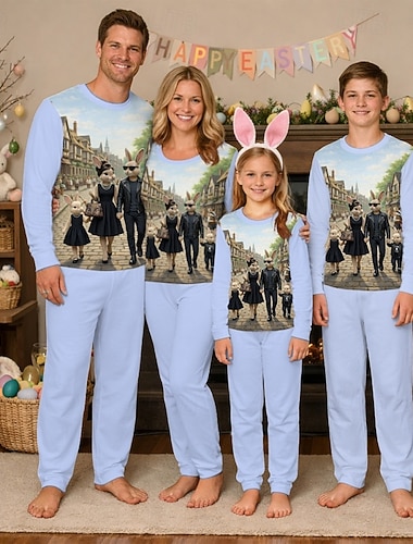  משפחה פסחא פיג'מות גראפי אַרנֶבֶת קזו'אל דפוס פול שרוול ארוך חופשה תלבושות תואמות