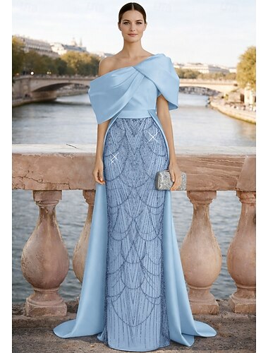  A-Linie Schlauchkleid Bodenlang Perlenbestickt Abendkleid Kleid der Brautmutter Abendkleid Ballkleid mit Überrock Festliche Kleidung Elegant Glitzernd Glitzern Ärmellos Ein-Schulter Hochzeit Formell
