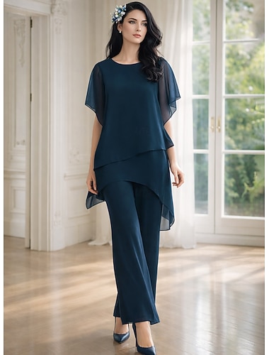  Tailleur Pantalon Asymétrique Robe de Mère de Mariée  Manche Courte Col de chemise Élégant Formel robe demoiselle d honneur Soirée Formelle Chiffon avec Couleur Unie