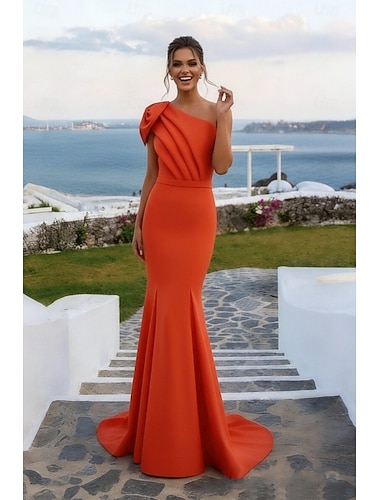  Sirène Trompette Traîne Balayage Longueur au sol Robe de Cérémonie Robe de soirée Robes de Bal Robe de Soirée Tenue de soirée Élégant Style Célébrité Sans manches Une Épaule Mariage robe demoiselle d