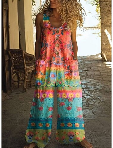  ウィメンズ オーバーオール アクティブ リネンライク フローラル 袖なし ワイドレッグ ラウンドネック パッチワーク デイリー バケーション ルーズフィット ライトブラウン オレンジ 夏