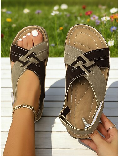  damesandaler med kryssende slingback – komfortable, tofargede, vevde, flate sandaler med åpen tå for sommerreiser, strand og daglige gåturer