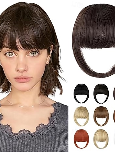  Clip-in-Pony, mittelbrauner, französischer Fake-Pony zum Einclipsen für Damen, Pony mit Schläfenpartie, Haarteile, Fake-Pony für den Alltag