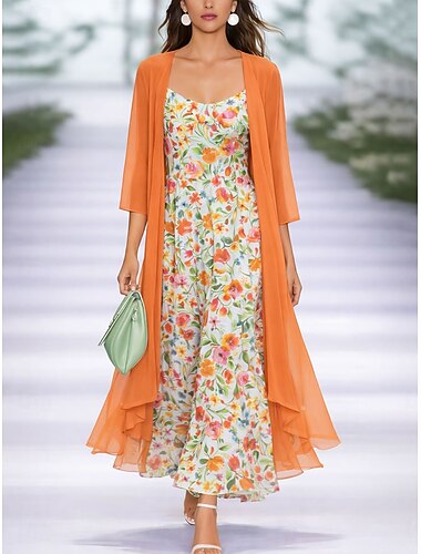  Damen Midikleid A Linie Kleid Urlaub Lässig Boho Party Normale Passform Ombre Blumen Grafik Dreiviertelarm V Ausschnitt Blau Orange Sommer Frühling Herbst