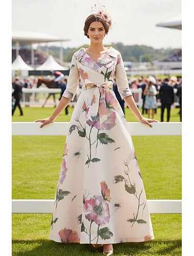  Krój A Sięgająca podłoża Sukienka dla gościa weselnego Suknia Sukienka Derby Sukienka dla matki panny młodej Rękaw 3/4 W serek Kołnierzyk koszuli Elegancja Formalny Święto Kentucky Derby Satyna z