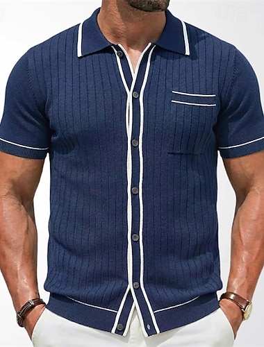  Herren Hemd Rippenstrick Textur Freizeithemd Knopfhemd Rosa Marineblau Grün Kurzarm Einfach Gestreift Hemdkragen Lässig Täglich Fronttasche Bekleidung Elegant Mode Lässig