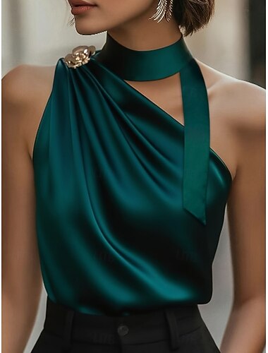  Per donna Camicia Camicia in raso Blusa Maglietta senza maniche Semplice Elegante Essenziale Classico Senza Maniche Collo Alto Top Regolari Quotidiano Ferie Uscire Nero Blu marino Verde Estate