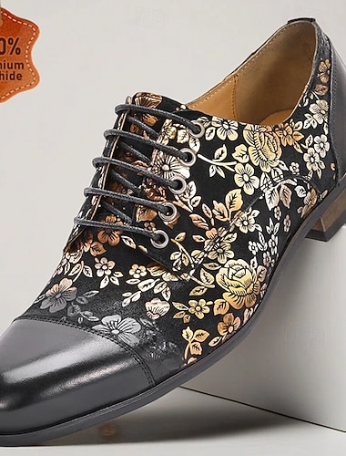  Elegante herresko i skinn med gullfarget blomstermønster, førsteklasses sko til bryllup og formelle feiringer