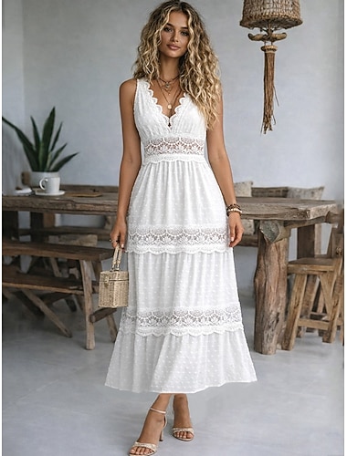  Damen Maxikleid Weißes Spitzenkleid A Linie Kleid Lässig Täglich Strand Normale Passform Einfach Ärmellos V Ausschnitt Weiß Sommer